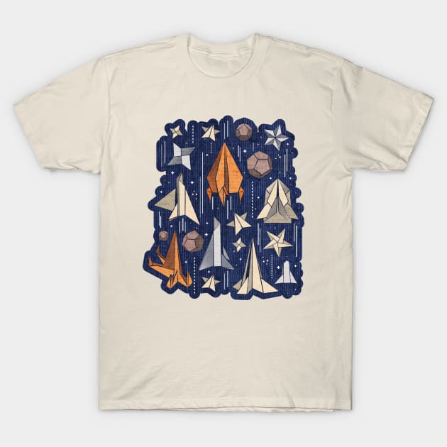 Reaching for the stars // illo // navy blue background ivory grey brown and orange origami paper asteroids stars and space ships traveling light speed T-Shirt by SelmaCardoso